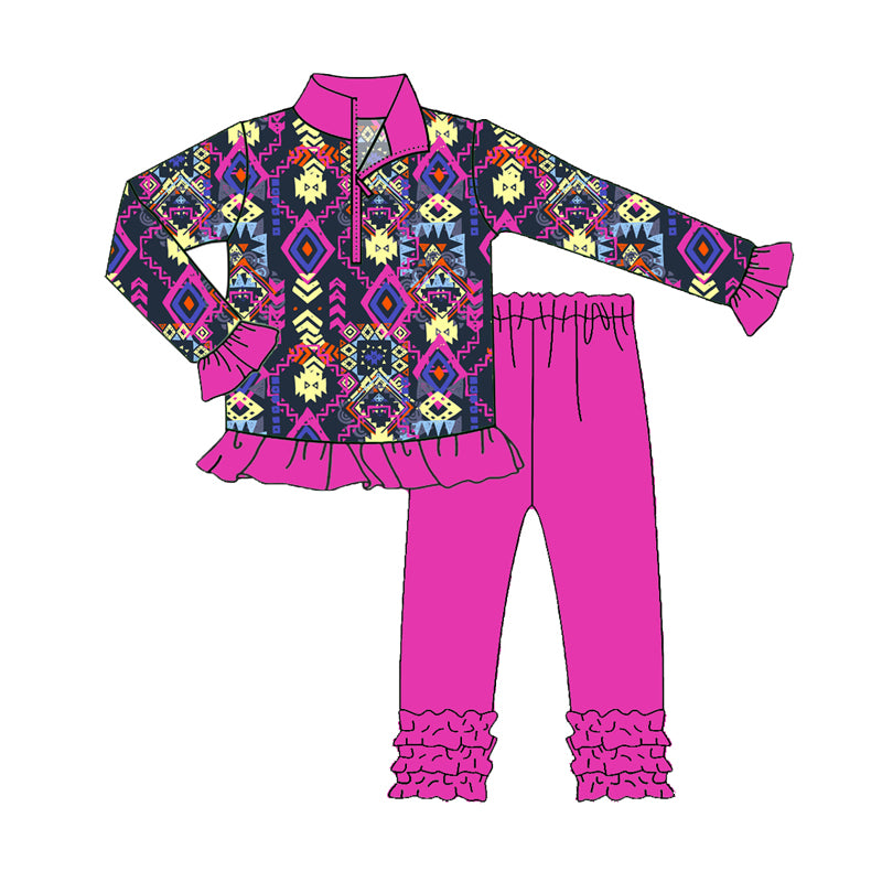 Preorder(moq 5) Baby Girls Aztec Western Zip Pullover Top Legging Boutique Outfits Sets