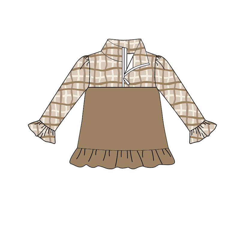 Preorder (moq 5)Baby Girls Khaki Checked Long Ruffle Sleeve Zip Pullovers Top