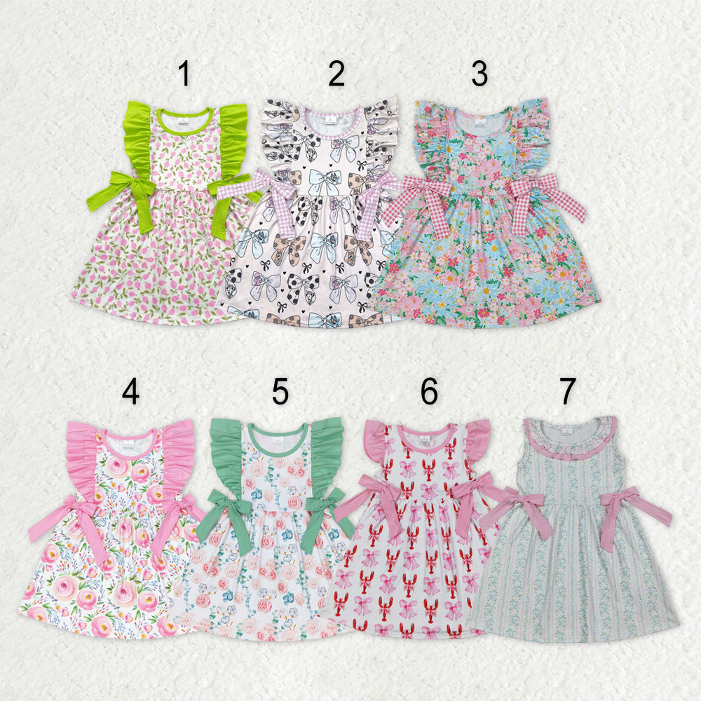 Sibling Baby Girls Sleeveless Flutter Sleeve Bows Flowers Plaid Knee Length Dresses