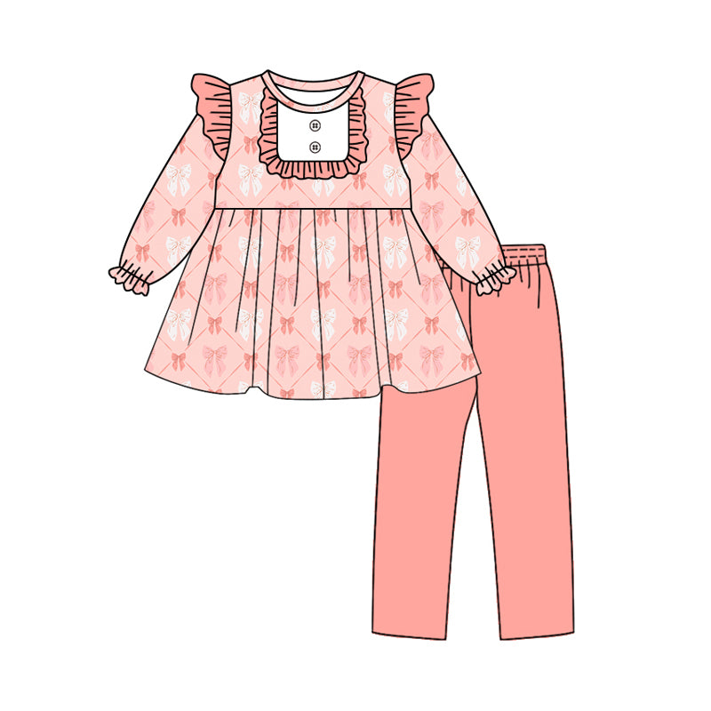 Preorder(moq 5) Baby Girls Coral Pink Bows Bib Tunic Top Legging Boutique Outfits Sets