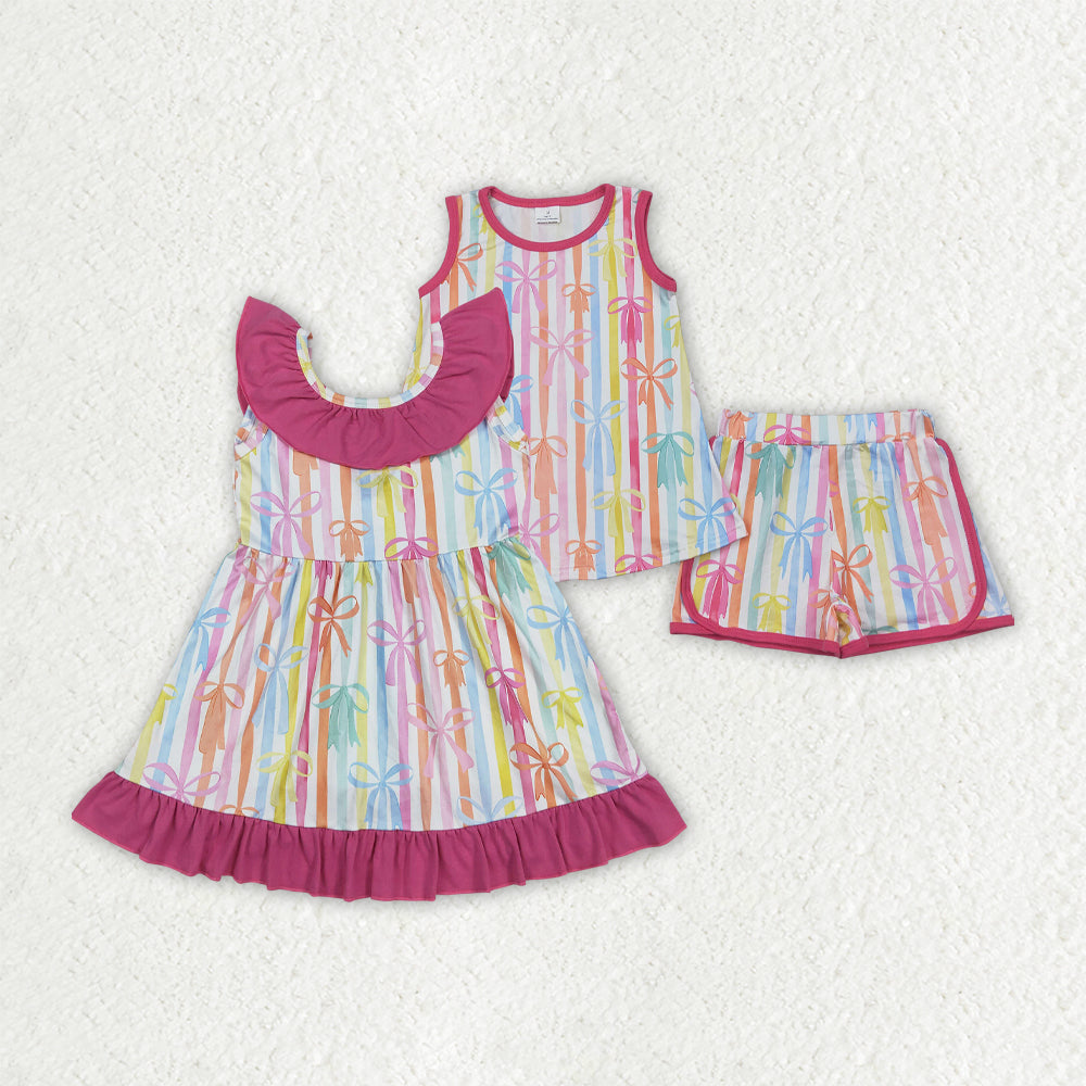 Sibling Baby Girls Sleeveless Colorful Stripe Bows Top Shorts Sets Knee Length Dresses
