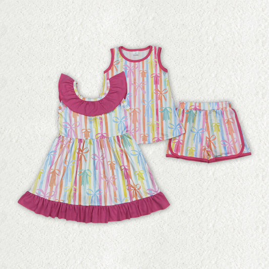 Sibling Baby Girls Sleeveless Colorful Stripe Bows Top Shorts Sets Knee Length Dresses