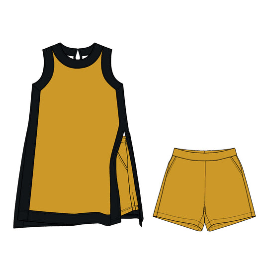 Preorder (moq 5)Adult Women Black Gold Split Skirt Pockets Short Clothes Sets