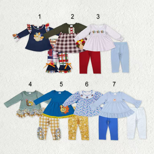 Sibling Baby Girls Embroidery Turkey Long Ruffle Sleeves Pants Thanksgiving Clothes Sets