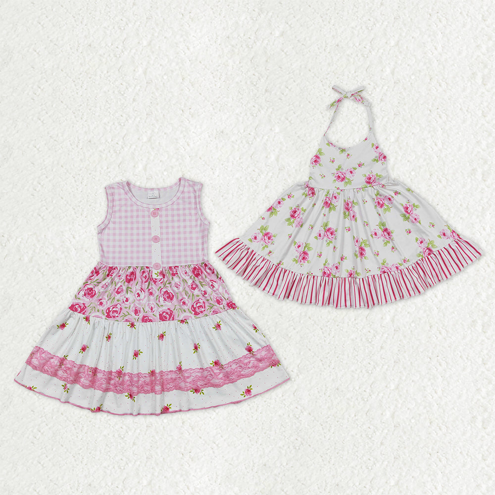 Sibling Baby Girls Pink Flowers Plaid Button Ruffle Knee Length Dresses