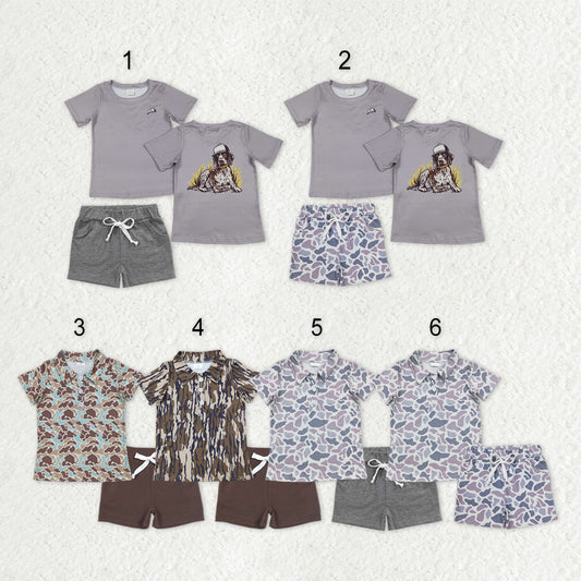 Sibling Baby Boys Camo Dog Print Button Shirts Pockets Short Western Set