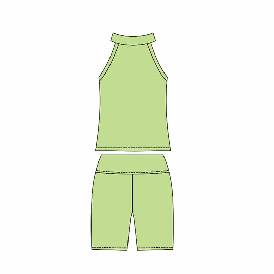 Preorder moq 10 Baby Girls Green Sleeveless Activity Wear Vest Top Biking Shorts Yoga Set