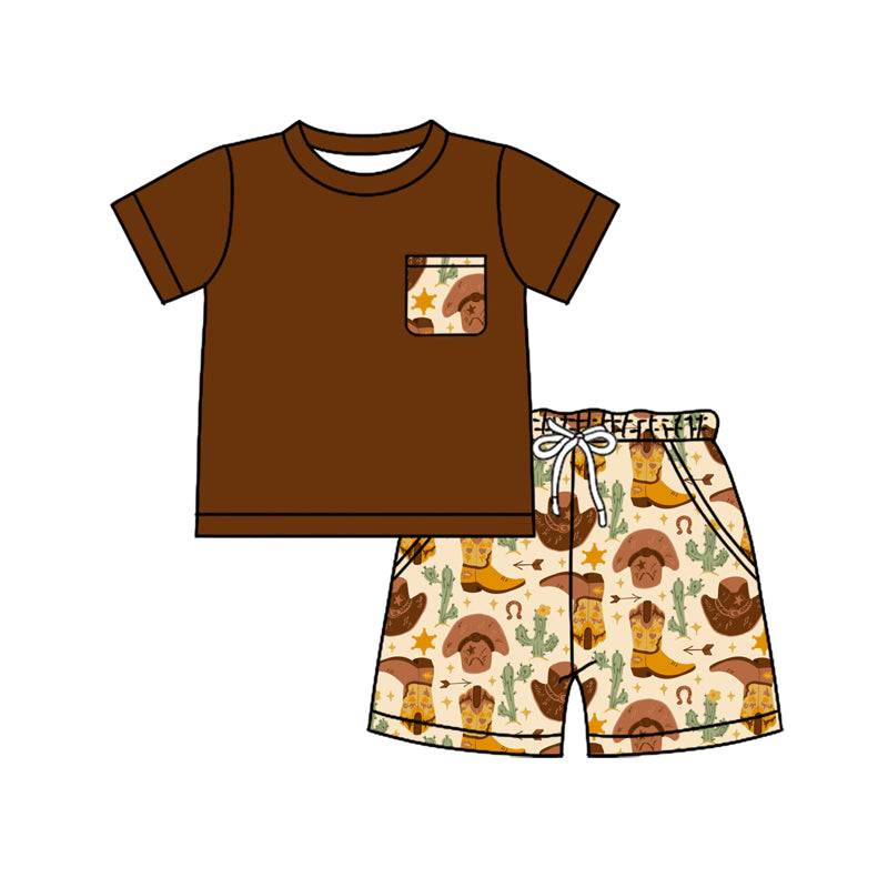 Preorder (moq 5)Baby Boys Brown Pocket Shirt Boots Western Shorts Clothes Sets