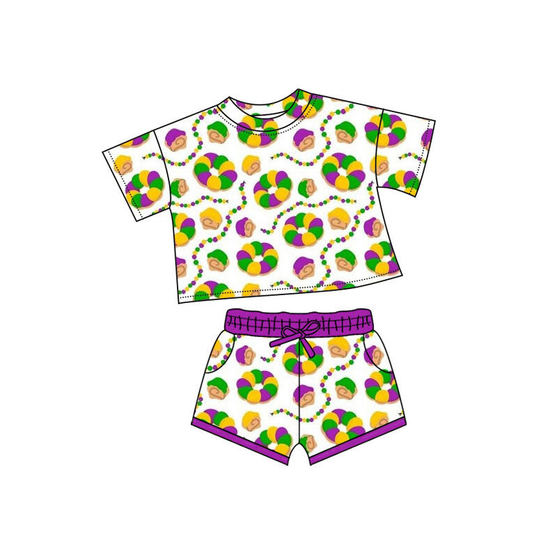 Preorder(moq 5) Baby Girls Mardigras Short Sleeve Donuts Plaid Top Pockets Shorts Clothes Sets
