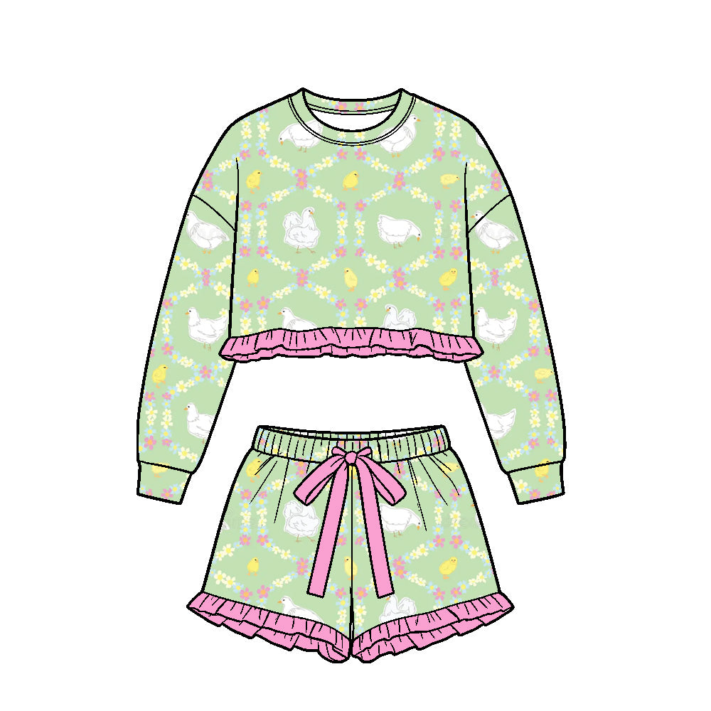Preorder (moq 5) Baby Girl Clothes Easter Duck Chick Floral Print Long Sleeve Ruffle Crop Top Shorts Outfit Set