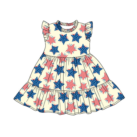 Preorder (moq 5)Baby Girls Flutter Sleeve Stars 4th of July Patchwork Knee Length Dress