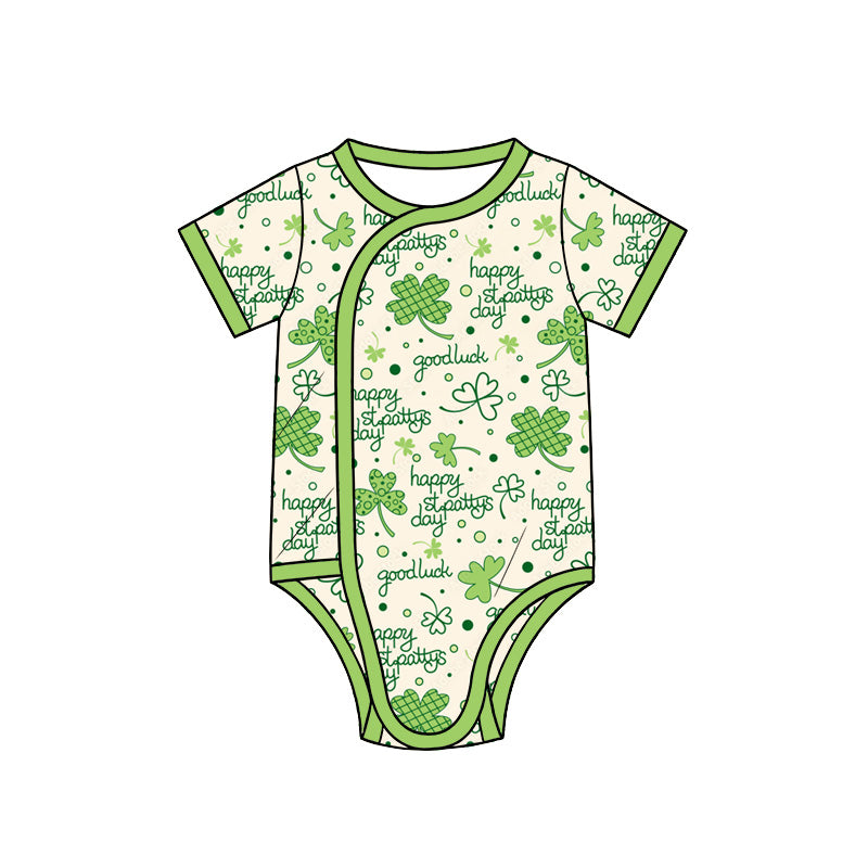 Preorder (moq 5) Baby Girl Clothes St Patricks Day Clover Letter Mixed Print Short Sleeve Side Snap Romper