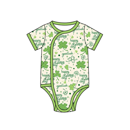 Preorder (moq 5) Baby Girl Clothes St Patricks Day Clover Letter Mixed Print Short Sleeve Side Snap Romper