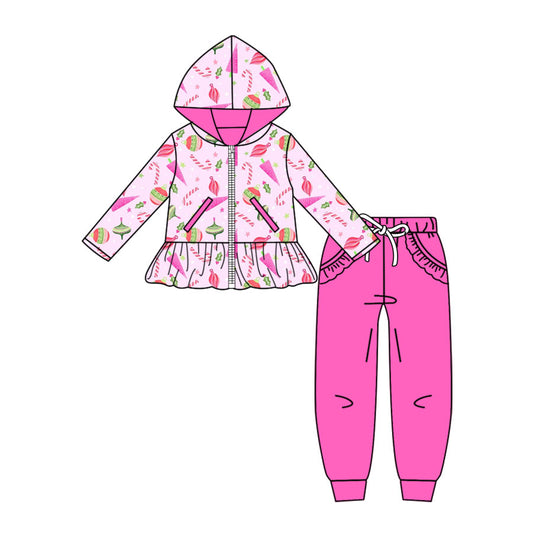 Preorder (moq 5)Baby Girls Candy Cane Zip Pockets Hoodie Jogger Christmas Clothes Set