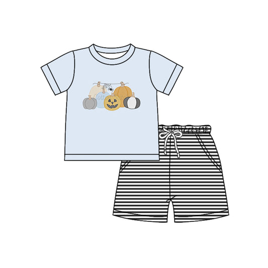 Preorder (moq 5)Baby Boys Light Blue Short Sleeves Ghost Pumpkins Top Black Stripes Pockets Shorts Set
