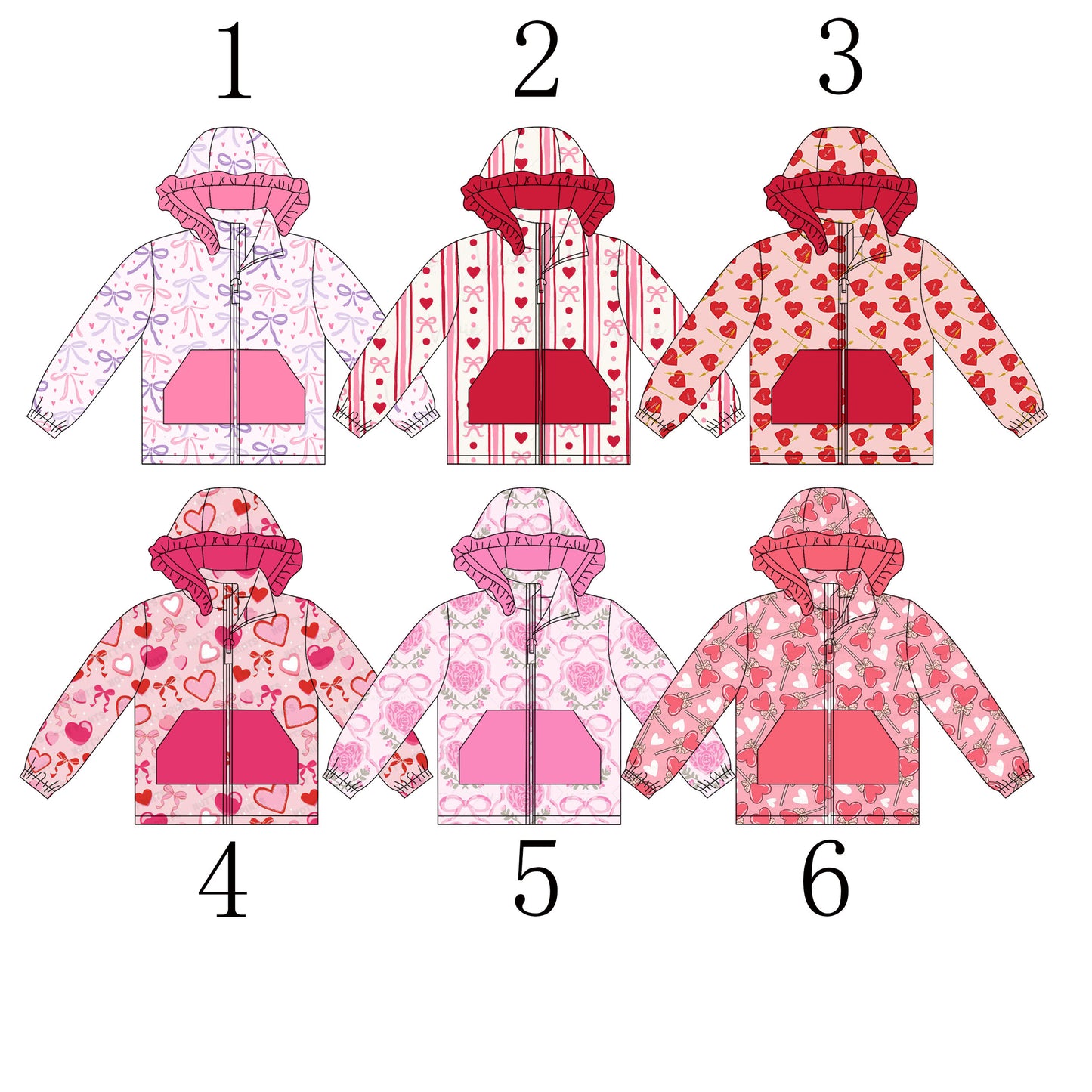 Preorder (moq 5)Baby Girls Bows Hearts Pocket Zipper Ruffle Hoodie Top
