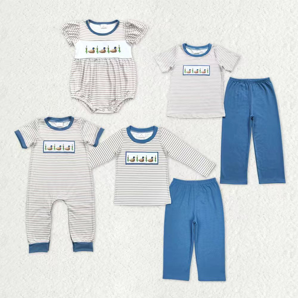 Sibling Baby Boys Girls Embroidery Ducks Stripe Hunting Clothes Sets Rompers
