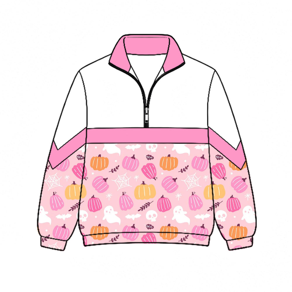 Preorder (moq 5)Baby Girls Pumpkins Ghosts Halloween Zip Pullovers Top