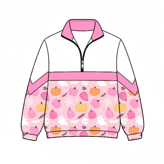 Preorder (moq 5)Baby Girls Pumpkins Ghosts Halloween Zip Pullovers Top