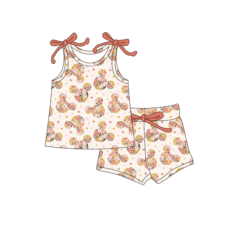 Preorder moq 5 Baby Girls Bows Sleeveless Cartoon Mouse Floral Top Short Set