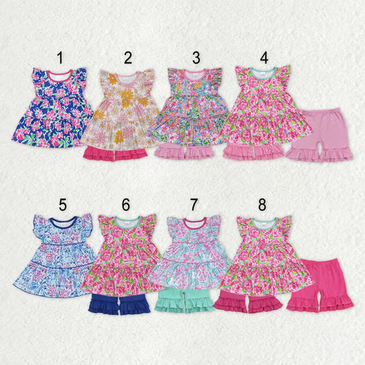 Sibling Baby Girls Flowers Tunic Shorts Summer Clothes Sets