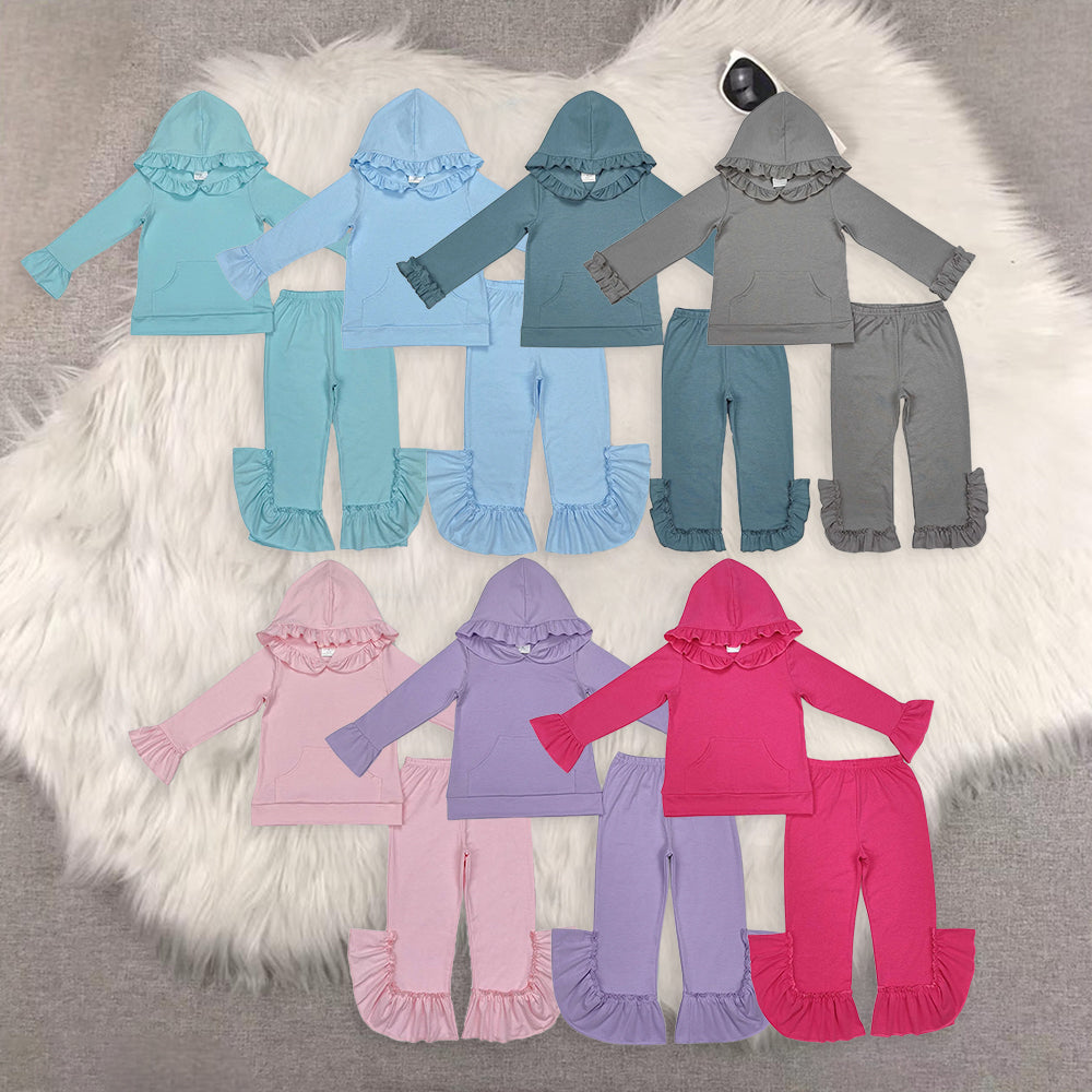 Sibling Baby Girls Colorful Cotton Hooded Ruffle Top Bell Pants Clothes Sets