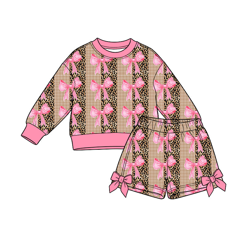 Preorder (moq 5) Baby Girl Clothes Leopard Gingham Pink Bow Mixed Print Long Sleeve Top Shorts Outfit Set