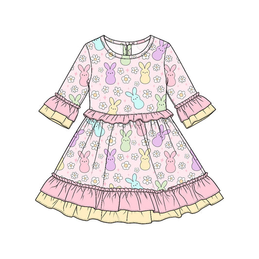 Preorder moq5  Girls’ Easter Bunny Floral Dress, Colorful Rabbit Print Ruffle-Trim Dress, Cute Spring Holiday Outfit