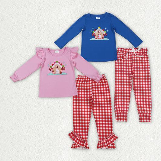 Sibling Embroidery House Candy Cane Baby Kids Long Sleeves Pants Christmas Clothes Sets