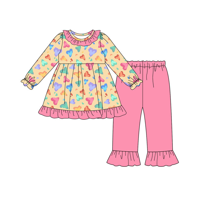 Preorder (moq 5)Baby Girls Colorful Hearts Tunic Ruffle Pants Valentine Clothes Sets