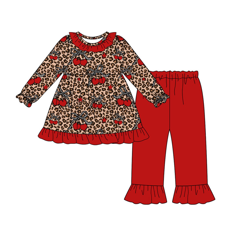 Preorder (moq 5)Baby Girls Red Cheer Leopard Bows Tunic Ruffle Pants Clothes Sets