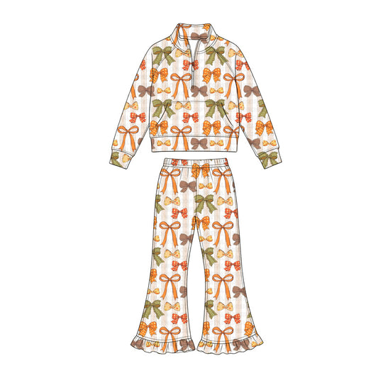 Preorder (moq 5)Baby Girls Bows Zip Pocket Pullover Top Bell Bottom Pant Fall Clothes Sets