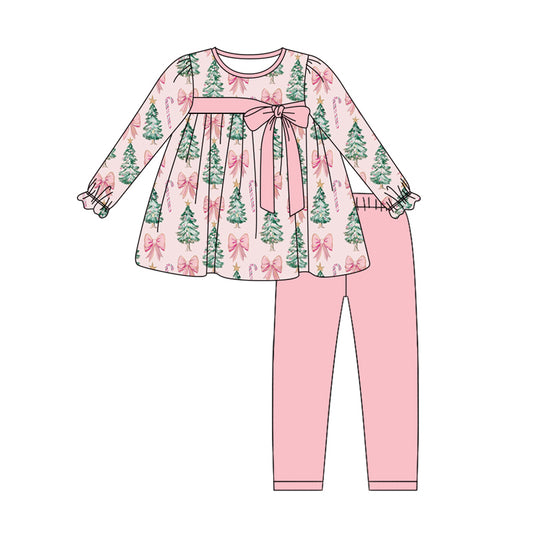 Preorder (moq 5)Baby Girls Long Ruffle Sleeves Pink Bows Trees Tunic Leggings Pant Sets