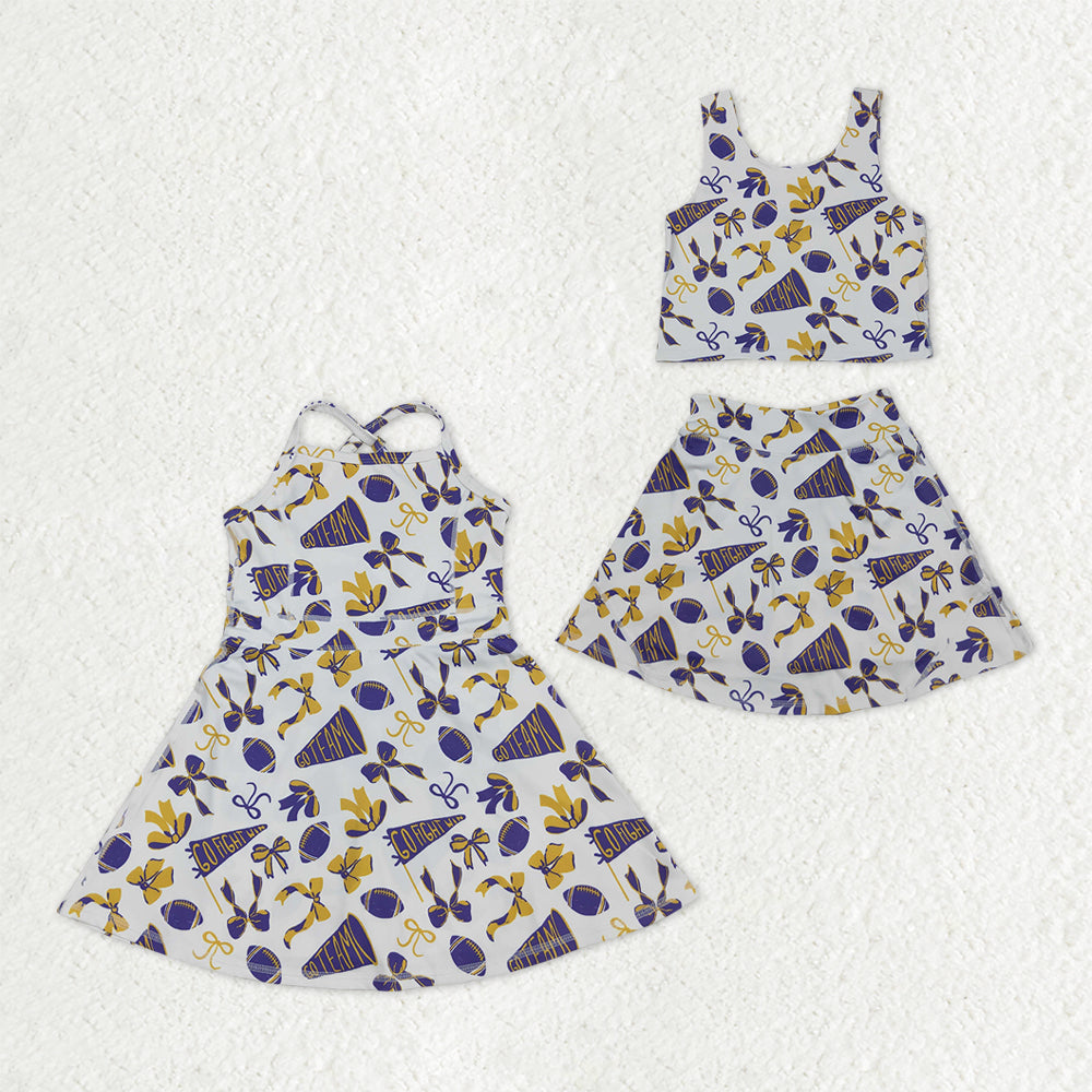 Sibling Baby Girls Purple Bows Footballs Team Shorts Yoga Clothes Set Knee Length Dresses