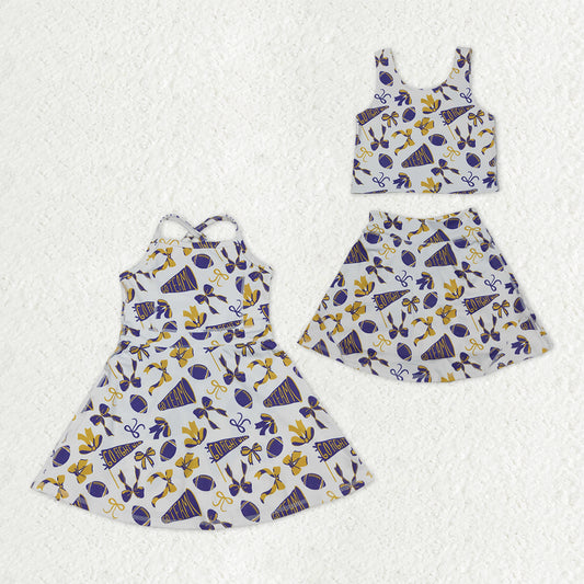 Sibling Baby Girls Purple Bows Footballs Team Shorts Yoga Clothes Set Knee Length Dresses