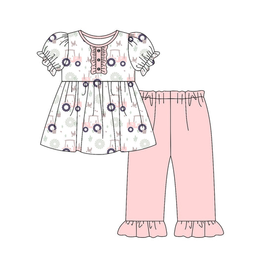 Preorder (moq 5)Baby Girls Chicks Trucks Button Tunic Ruffle Pant Farm Clothes Sets