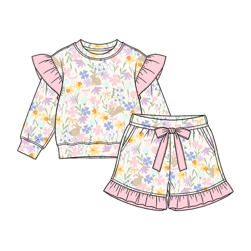 Preorder (moq 5)Baby Girls Flowers Rabbits Long Sleeve Top Pockets Ruffle Short Easter Clothes Set