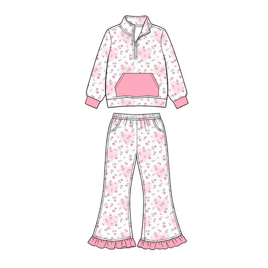 Preorder (moq 5) Baby Girl Clothes Heart Floral Allover Print Long Sleeve Half Zip Top Ruffle Flare Pant Set