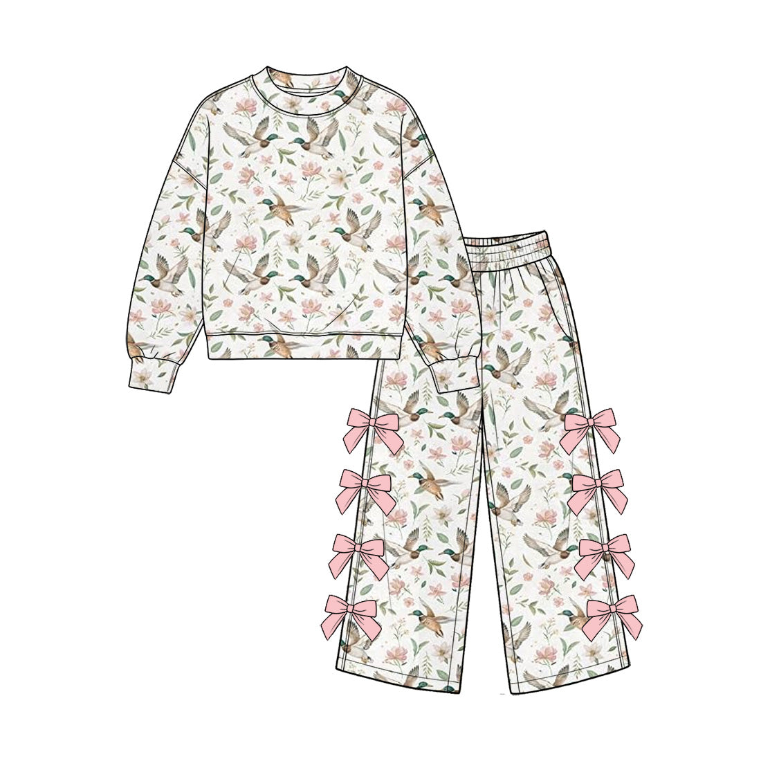 Preorder (moq 5) Baby Girl Clothes Mallard Duck Floral Pink Bow Mixed Print Long Sleeve Flare Pant Set