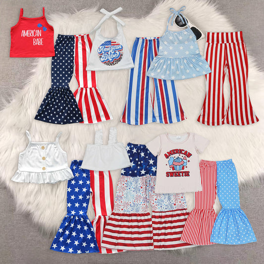 Sibling Baby Girls 4th Of July Bell Pants Outfits Clothes Sets