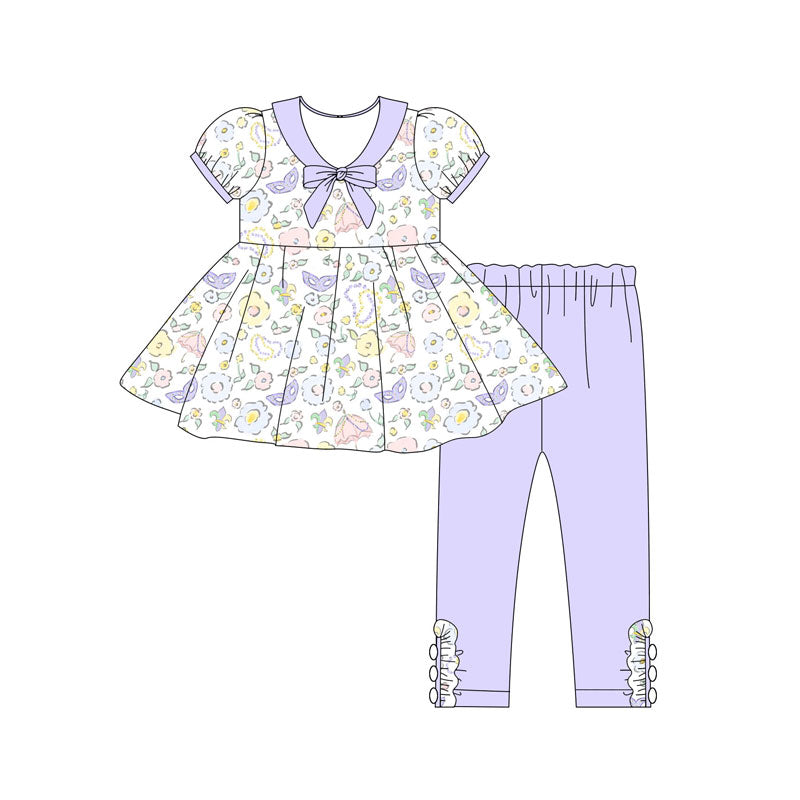 Preorder(moq 5) Baby Girls Flowers Masks Ruffle Sleeve Tunic Leggings Mardigras Clothes Sets
