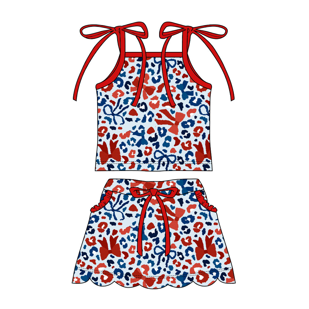 Preorder moq 5 Baby Girls Strap Bows Leopard Top Pockets Scallop Skirt Short 4th of July Clothes Sets