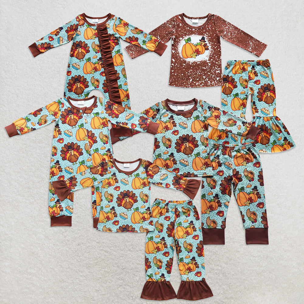 Sibling Baby Girls Thanksgiving Turkey Shirts Bell Pants Pajamas Clothing Sets