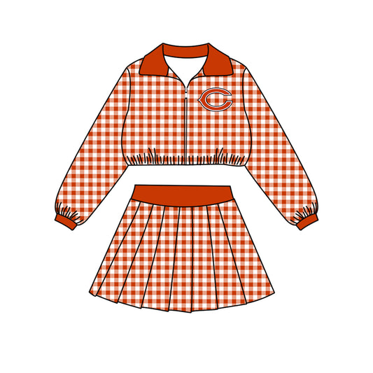 Preorder (moq 5)Baby Girls Orange Checked Chicago Bears Zip Pullovers Skirt Short Team Clothes Set