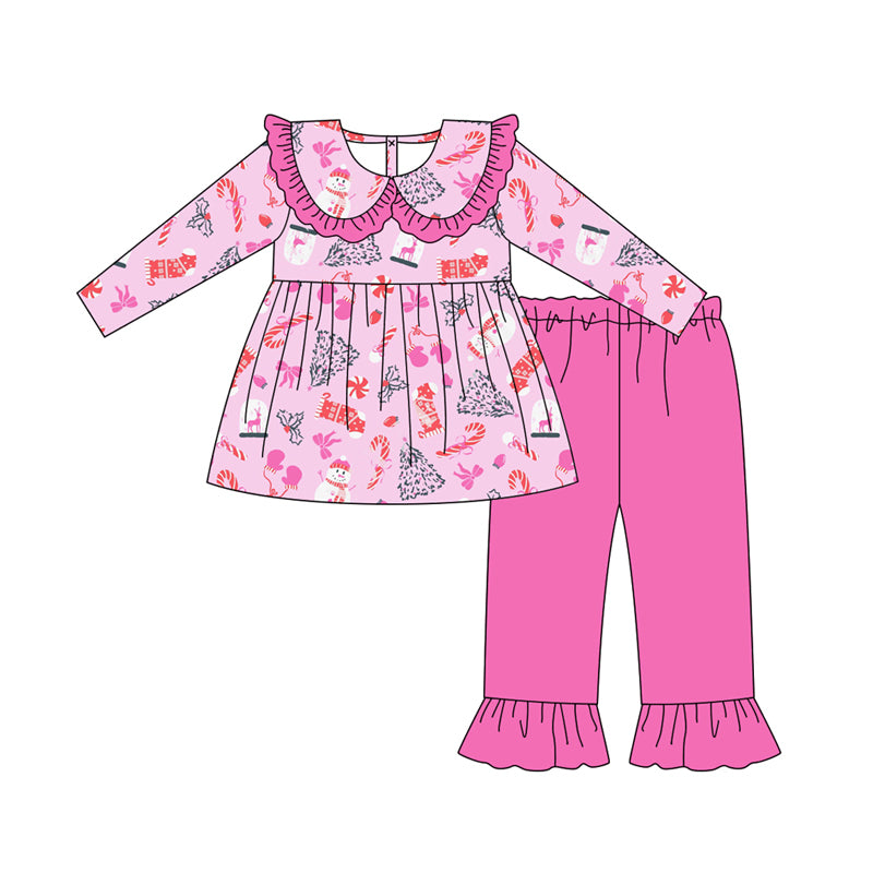 Preorder (moq 5)Baby Girls Long Sleeves Bows Snowman Tunic Ruffle Pant Clothes Set