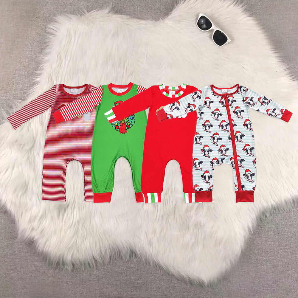 Sibling Christmas Baby Boys Green Frog Milk Cows Santa Long Sleeve Rompers
