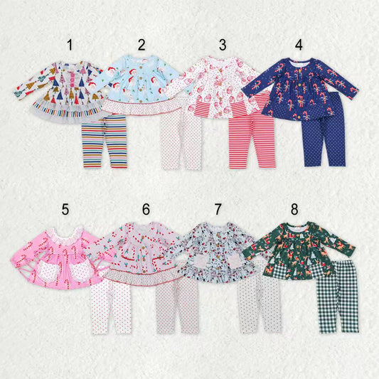 Sibling Baby Girls Santa Candy Cane Trees Pockets Button Tunic Pants Christmas Clothes Sets