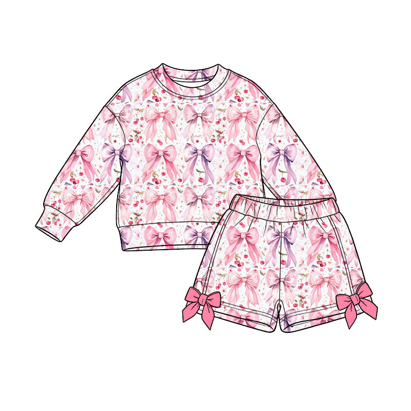 Preorder (moq 5) Baby Girl Clothes Pink Purple Bow Cherry Mixed Print Long Sleeve Sweatshirt Bow Short Set