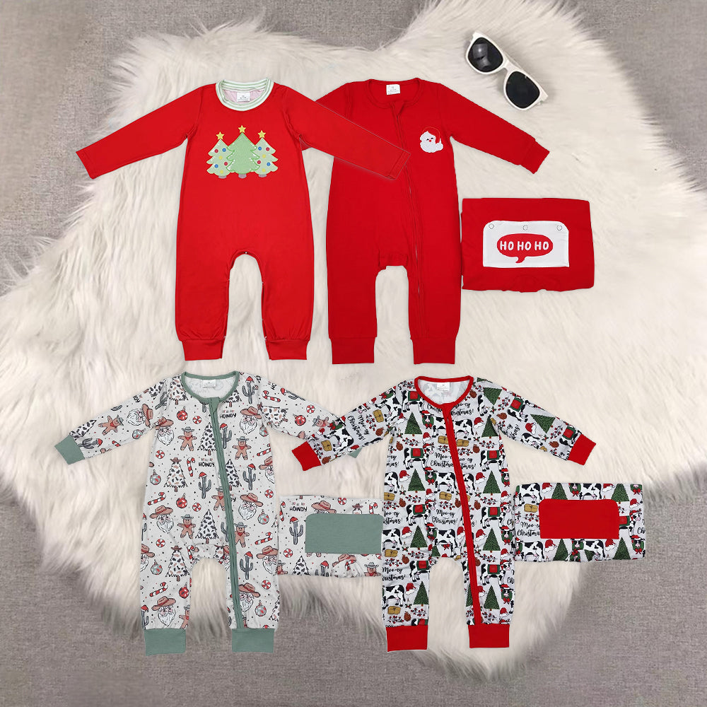 Sibling Baby Infant Boys Christmas Trees Santa Cows Embroidery Zip Rompers