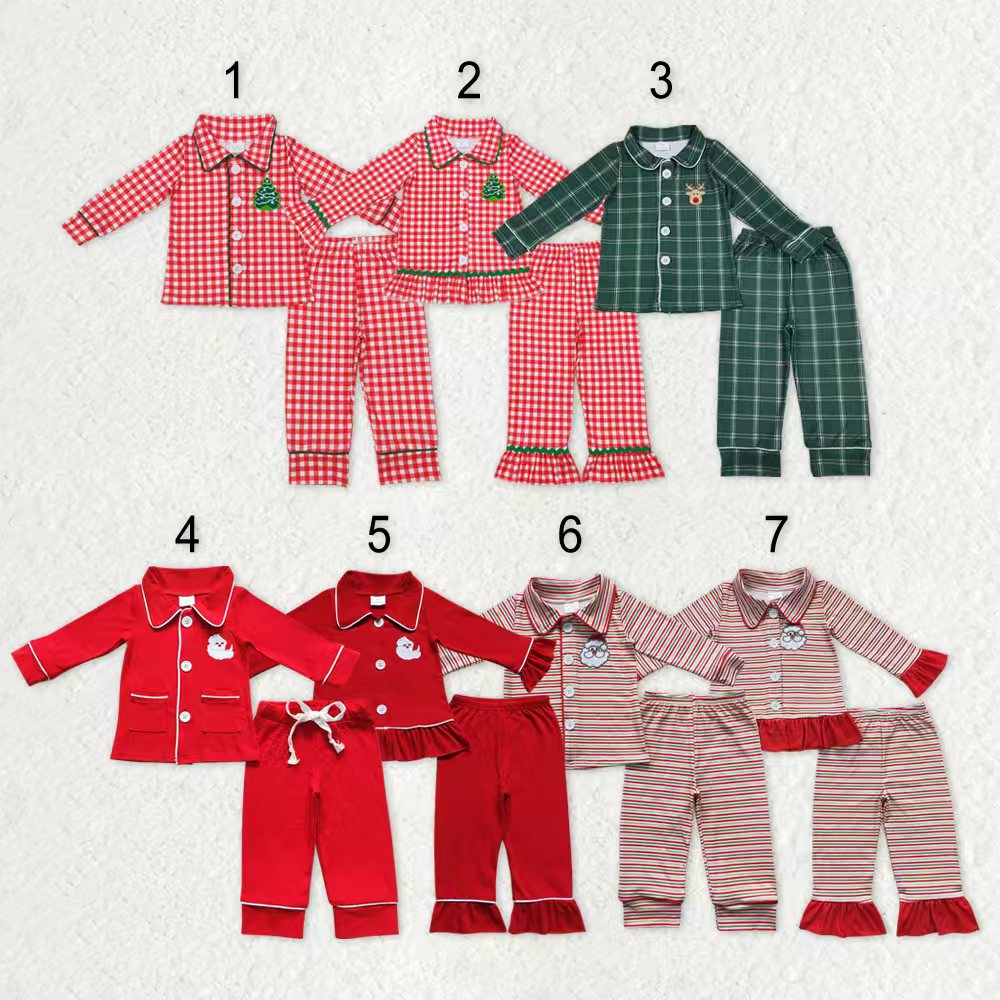 Sibling Baby Kids Embroidery Santa Trees Button Top Pants Christmas Pajamas Sets
